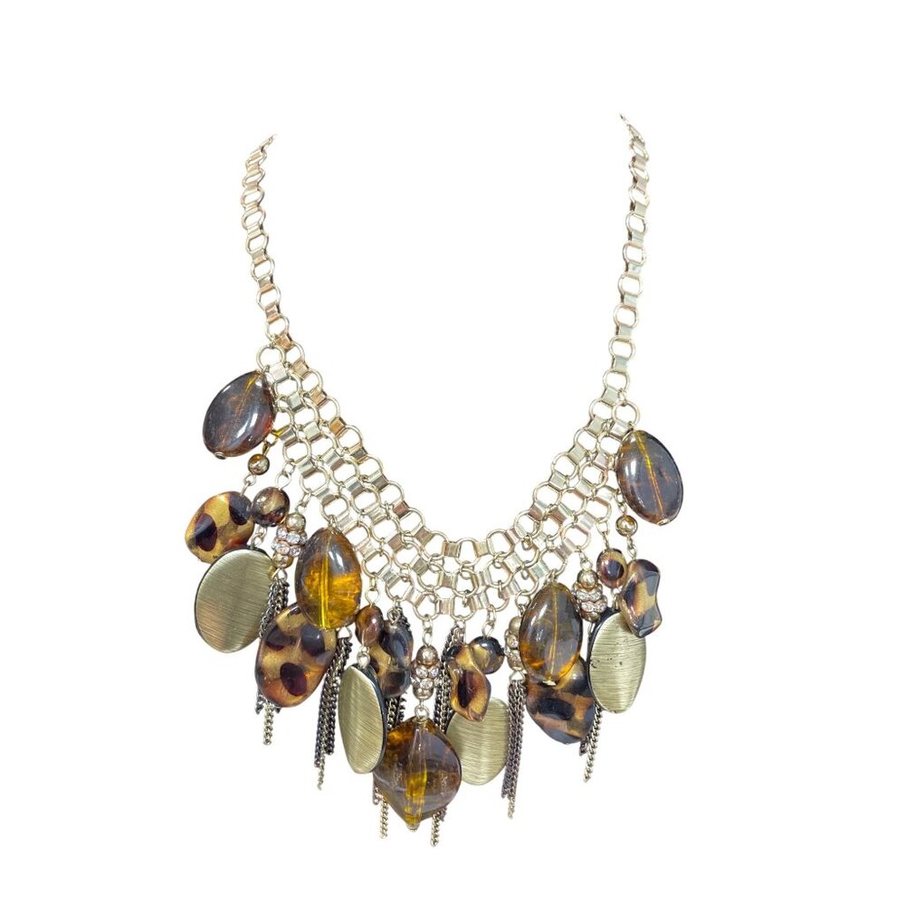 Gold Tone Big tortoise shell resin beads bhol 11.5" chain necklace SKU 9686